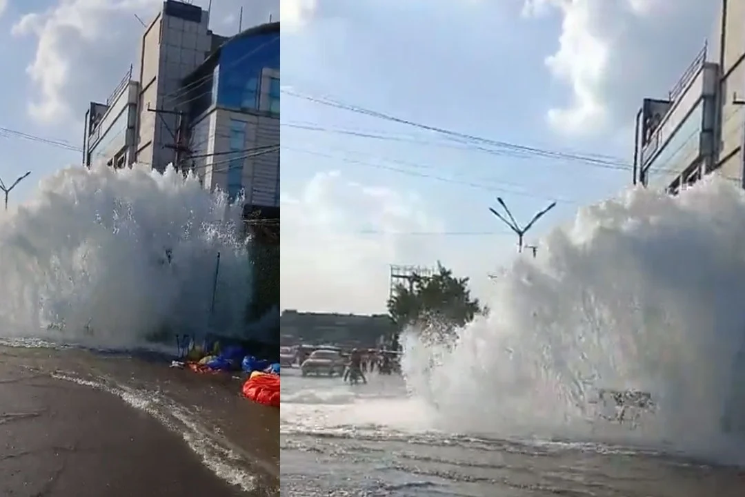 Waterfall in Miyapur: 'Jalapatham' over the road in Miyapur.. Congress lashes out at the government by sharing the video