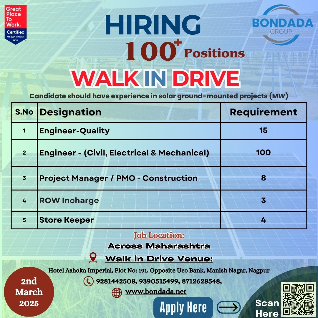 Bondada Group Walk-In Drive - 100+ Job Openings in Solar Projects - March 2, 2025 | MANA VOICE