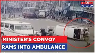 CCTV footage captures Education Minister's convoy colliding with ambulance, injuring three.