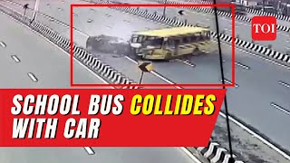 Fatal collision between school bus and car on Delhi-Meerut Expressway claims 6 lives, CCTV footage reveals.