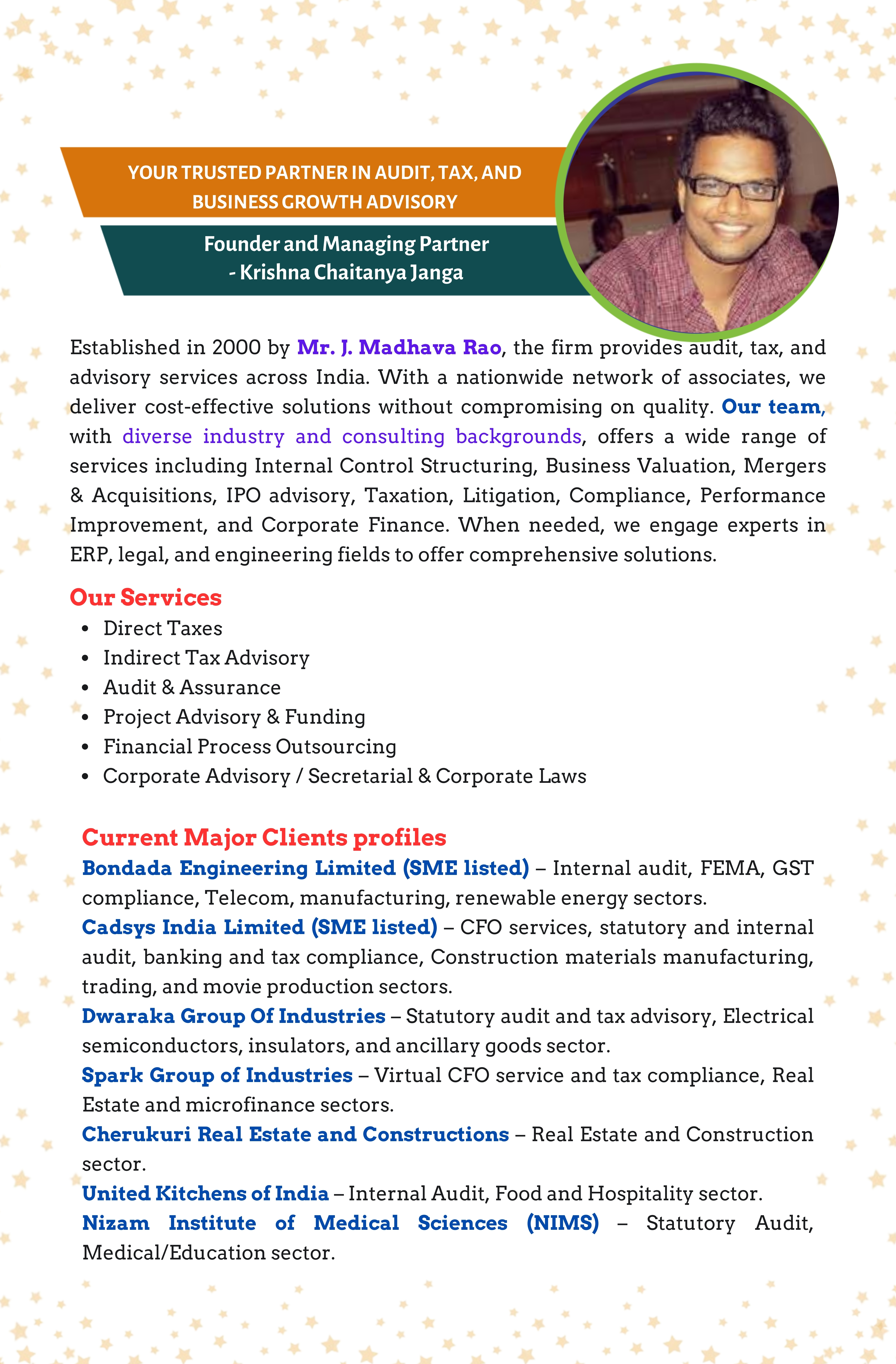 YOUR TRUSTED PARTNER IN AUDIT, TAX, AND BUSINESS GROWTH ADVISORY - Founder and Managing Partner-Krishna Chaitanya Janga | Mana Nestham 2025 Dairy Edition