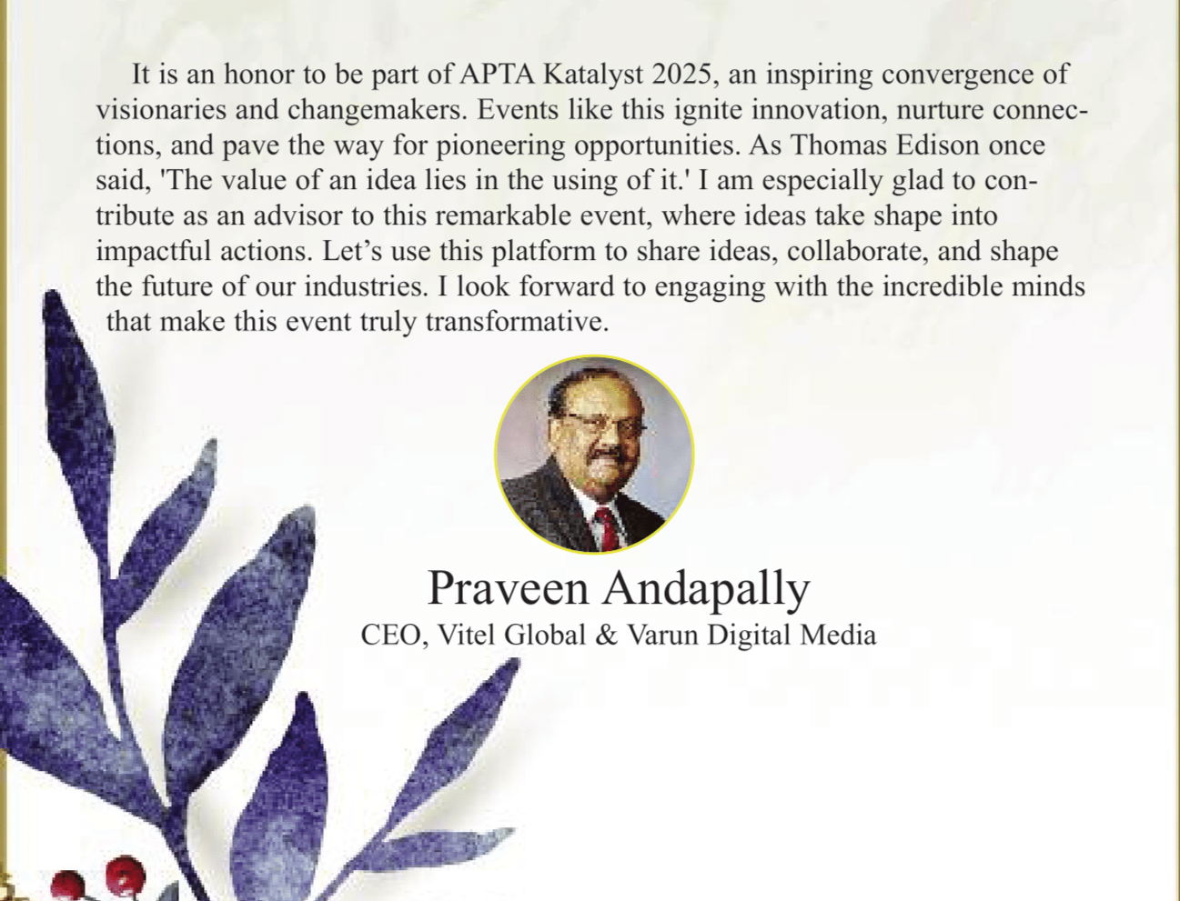 Praveen Andapally’s Message on APTA Katalyst 2025 – Shaping the Future of Innovation-Praveen Andapally