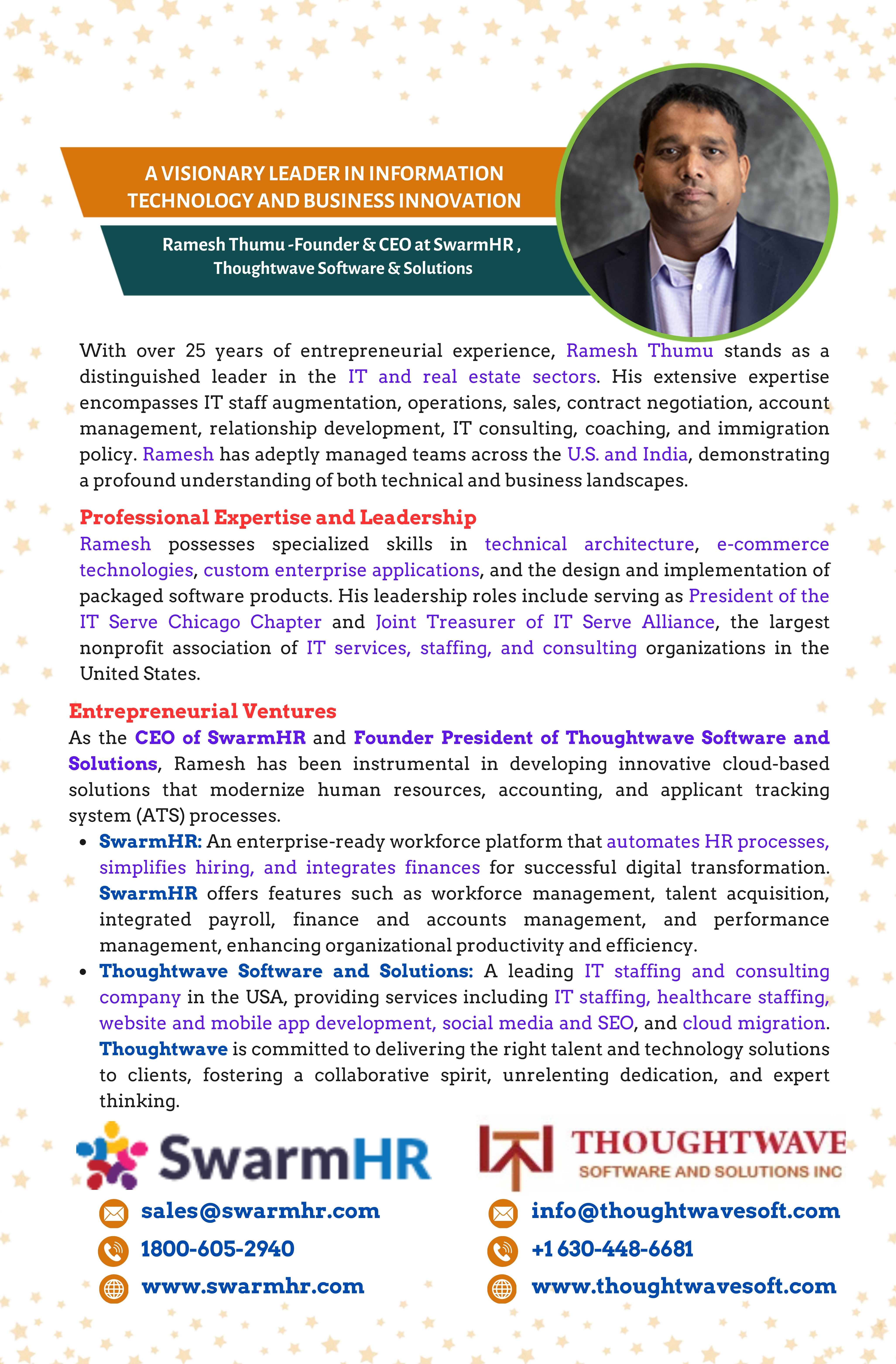 A VISIONARY LEADER IN INFORMATION TECHNOLOGY AND BUSINESS INNOVATION - Ramesh Thumu -Founder  & CEO at SwarmHR,Thoughtwave Software & Solutions  |  Mana Nestham 2025 Dairy Edition