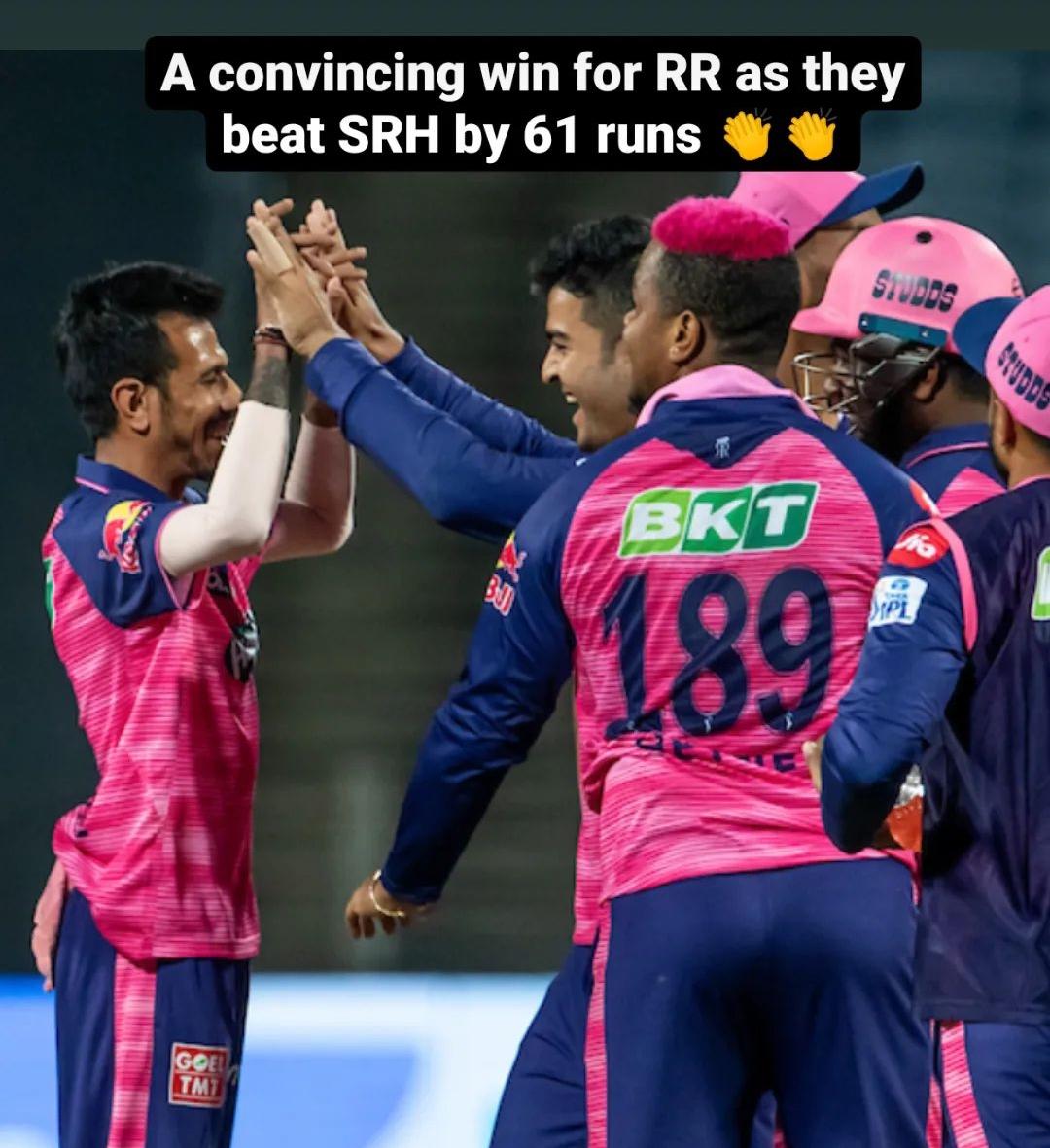 RR defeat sunrisers hyderabad by 61 runs